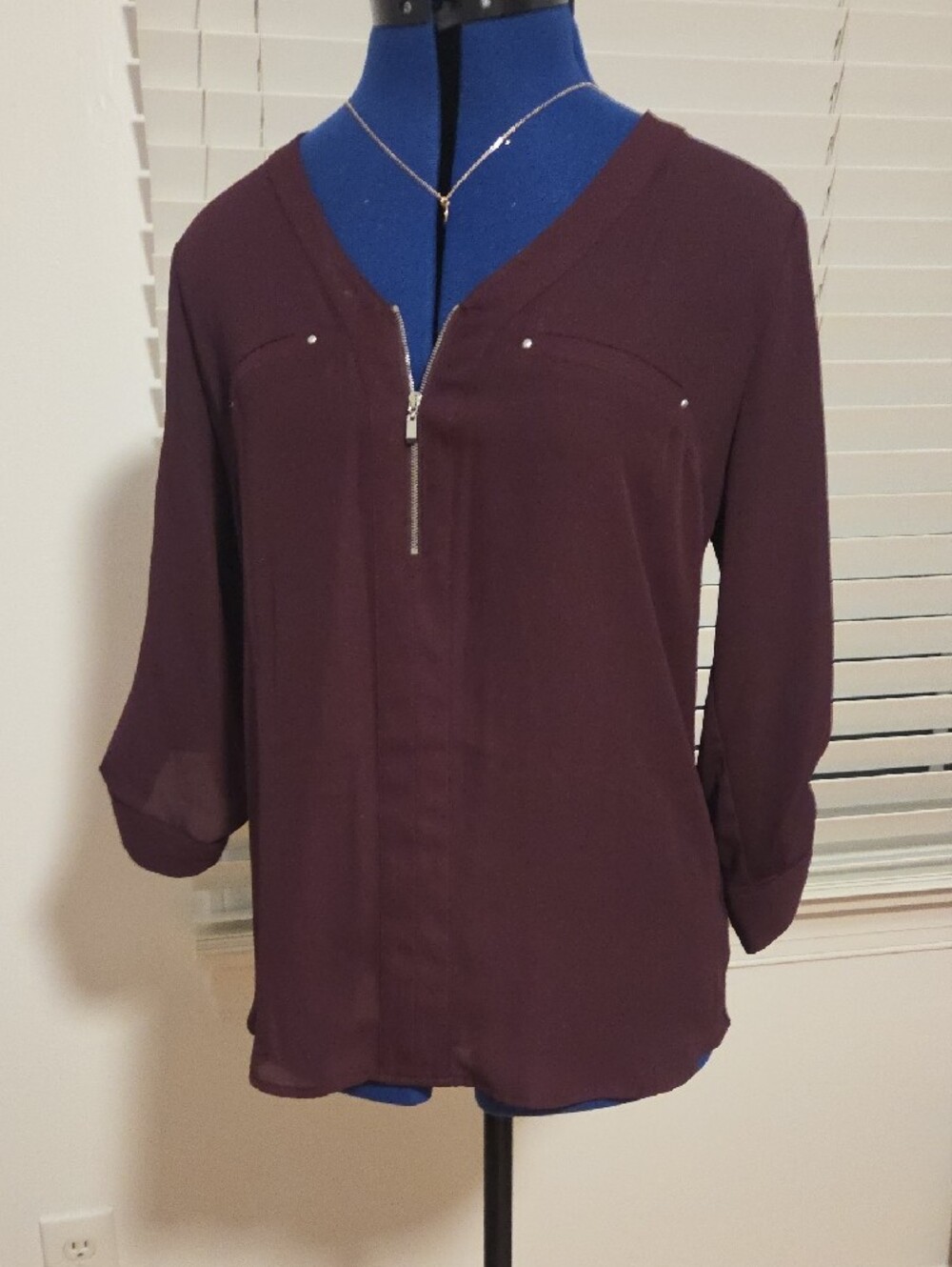 Women’s V-Neck Zip Blouse - Plum - Picture 6 of 6